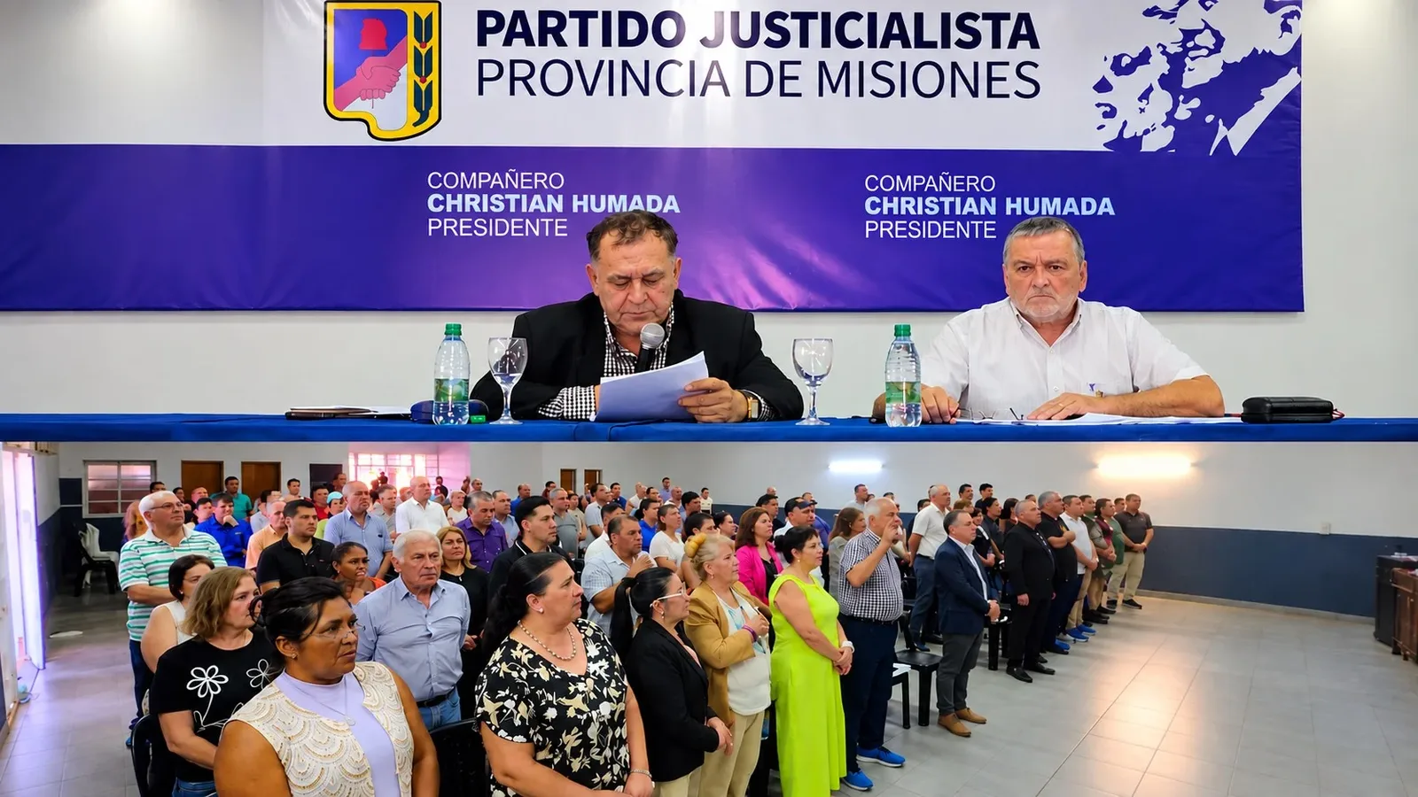 Dos dirigentes sentados a la mesa del Congreso Provincial del PJ de Misiones, bajo el cartel del partido, frente a los congresales.